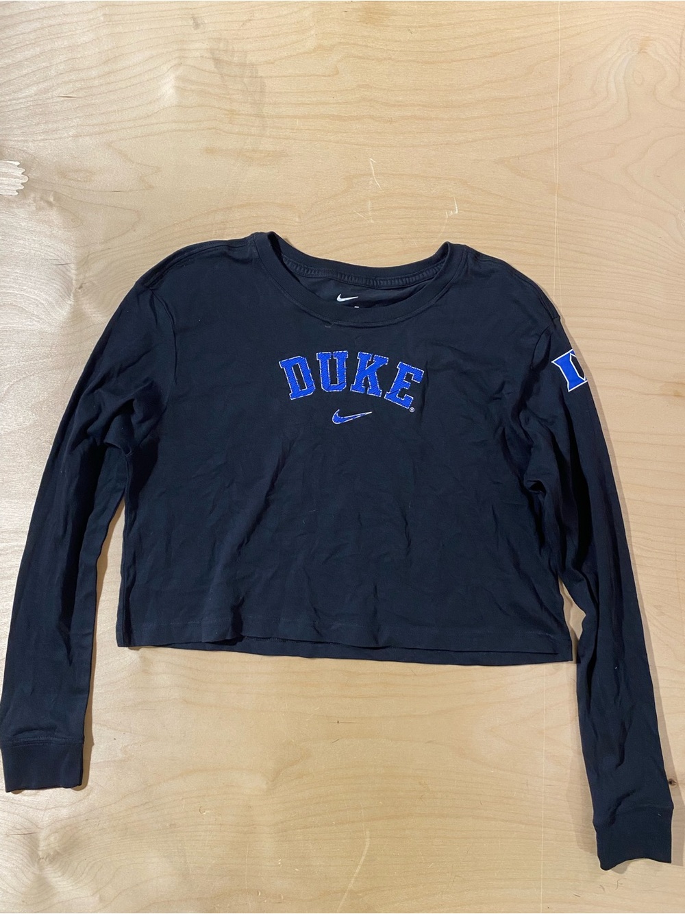 Nike Duke Black Long Sleeve Cropped Tee with Blue Logo Small (SZ)
